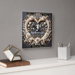 Horloge Carrée Romantique 1er anniversaire Papier Coeur