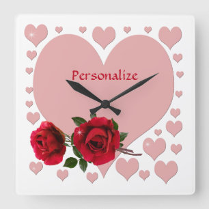 Horloge Carrée Romantique Coeurs roses et Roses rouges Personnali