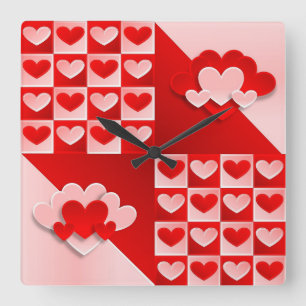 Horloge Carrée Romantique Saint Valentin Coeurs d'amour Rouge Coe