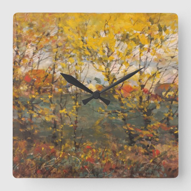 Horloge Carrée Rooyal Chêne Automne Aquarelle Paysage Jaune orang (Recto)