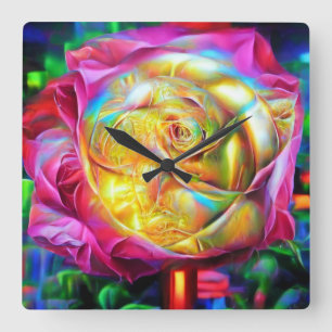 Horloge Carrée Rose arc-en-ciel psychédélique