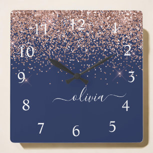 Horloge Carrée Rose bleu marine Gold Blush Pink Parties scintilla