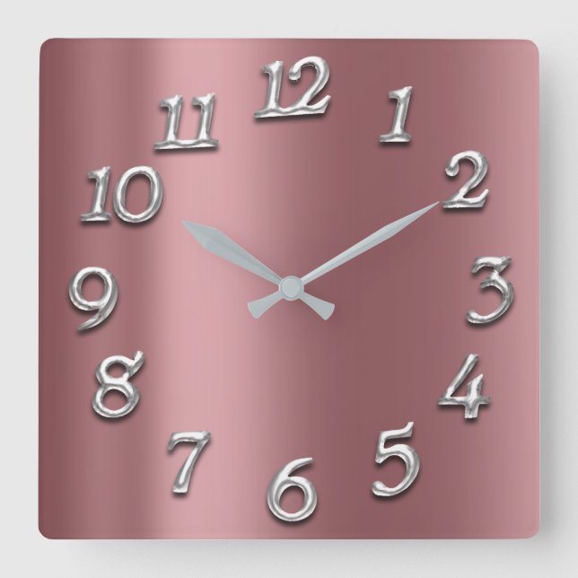 Horloge Carrée Rose Blush Metallic Arabes Numéros Gris Argent (Recto)