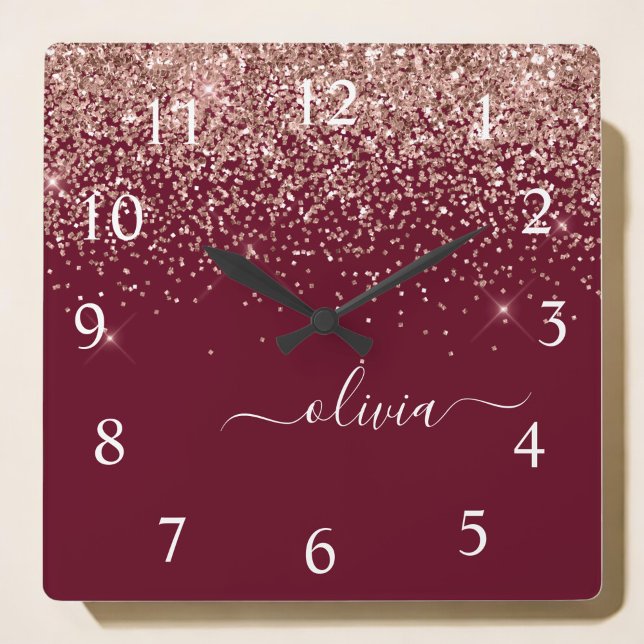 Horloge Carrée Rose Bourgogne Gold Blush Pink Parties scintillant (Créateur téléchargé)