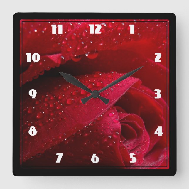 Horloge Carrée Rose de macro rouge avec gouttelettes d'eau (Recto)