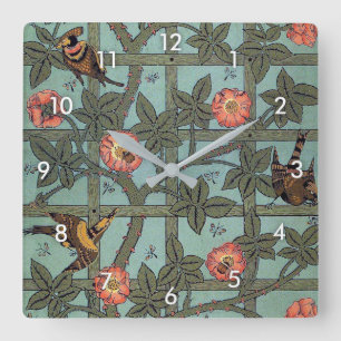 Horloge Carrée Rose d'Escalades & Petit Oiseau, William Morris