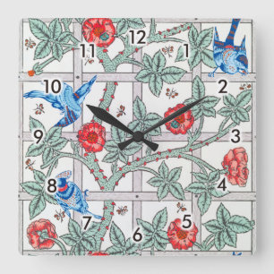 Horloge Carrée Rose d'Escalades & Petit Oiseau, William Morris