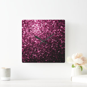 Horloge Carrée Rose foncé faux brillant paillettes scintillent