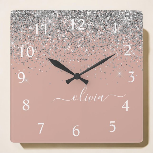 Horloge Carrée Rose Gold Blush rose Parties scintillant argent Mo (Créateur téléchargé)