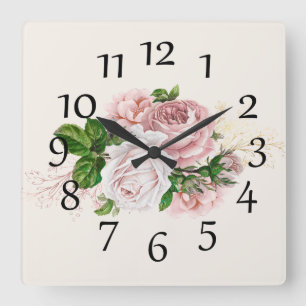 Horloge Carrée Rose Pâle Élégant Aquarelle Florale Crème