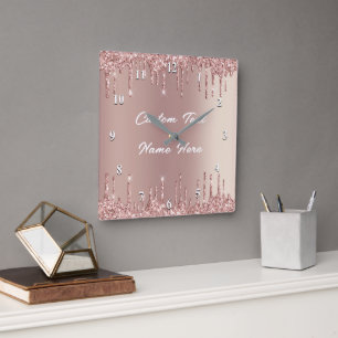 Horloge Carrée Rose Parties scintillant or cadenas avec texte per