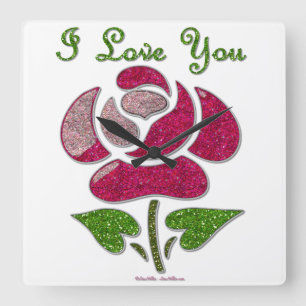 Horloge Carrée Rose pochoir rose je t'aime
