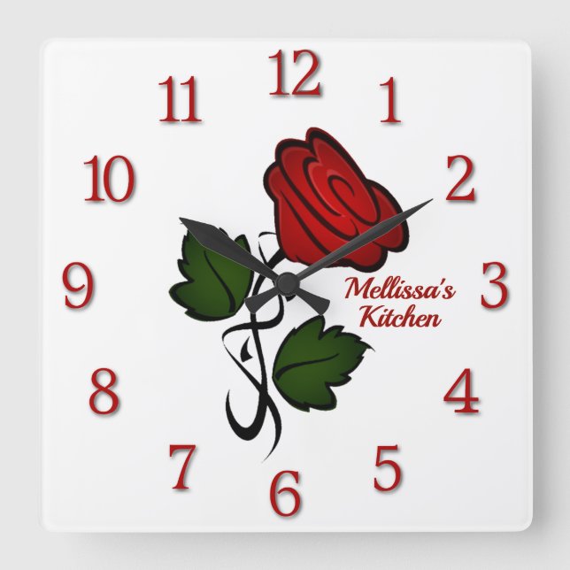 Horloge Carrée Rose rouge avec nom chiffres rouges (Recto)