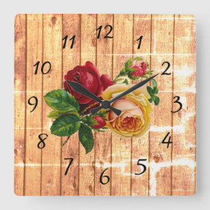 Horloge Carrée Rose rustique en bois