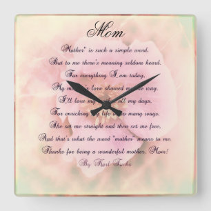 Horloge Carrée Rose sauvage avec le poème de la mère