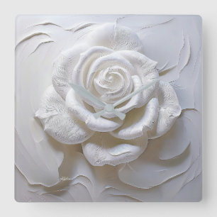 Horloge Carrée Rose Sculptée - Blanc sur Blanc