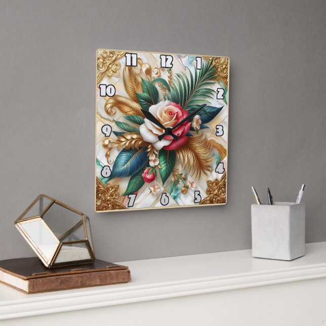 Horloge Carrée Roses avec Feuilles d'or sur marbre (Bureau)