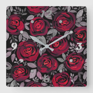 Horloge Carrée Roses d'aquarelle sur un arrière - plan noir, aqua