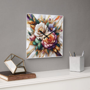 Horloge Carrée Roses dynamiques avec Feuilles sur un Arrière - pl