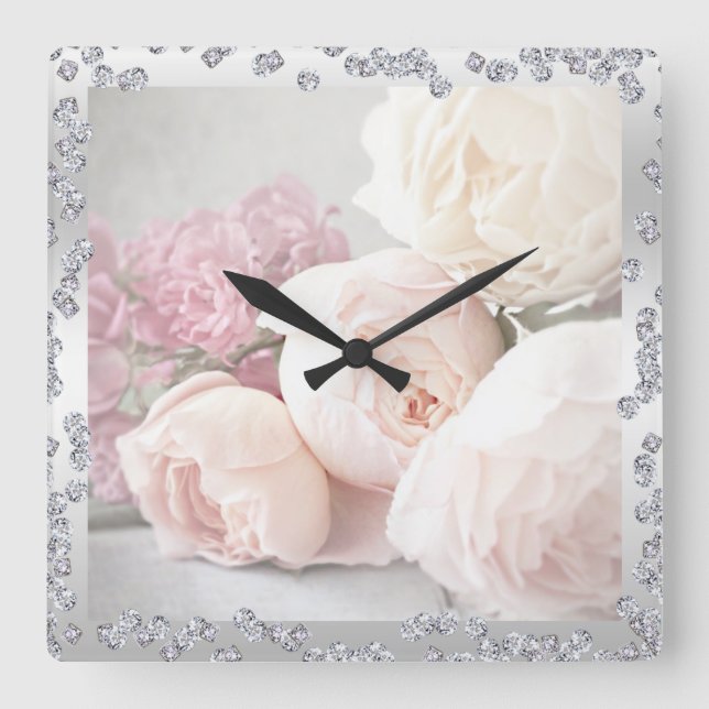 Horloge Carrée Roses romantiques et diamants (Recto)