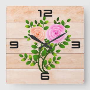 Horloge Carrée Roses rose jaune