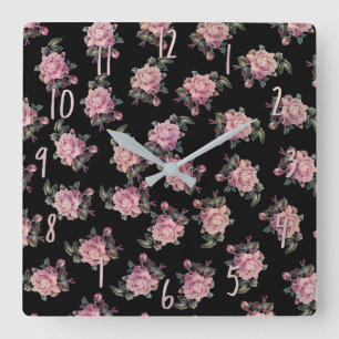 Horloge Carrée Roses roses motif floral sombre shabby chic