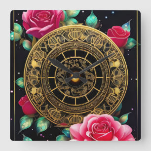 Horloge Carrée Roses roses roses or Filigree Art