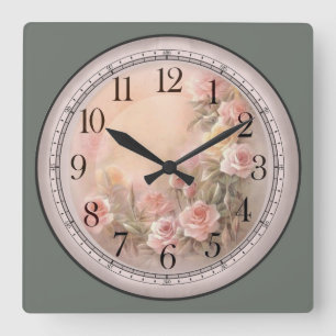 Horloge Carrée Roses roses roses roses et jaunes Art