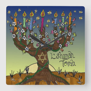 Horloge Carrée Rosh Hashanah L'Shanah Tovah Arbre de Vie Menorah