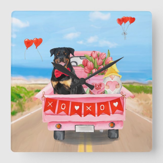 Horloge Carrée Rottweiler Chien Saint Valentin Coeurs de Camion (Recto)