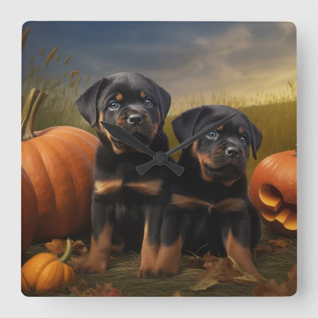 Horloge Carrée Rottweiler Chiot Automne Citrouille de plaisir (Recto)
