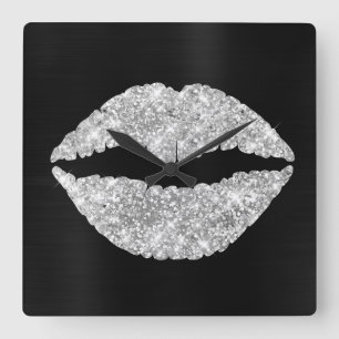Horloge Carrée Rouge à lèvres pailleté argenté brillant Feuille n