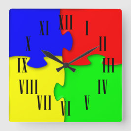 Horloge Carrée Rouge Bleu Vert Jaune Jigsaw Pièces Numéros Romain