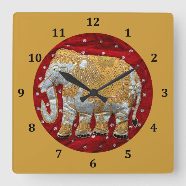 Horloge Carrée Rouge embelli et or d'éléphant d'Asie (Recto)
