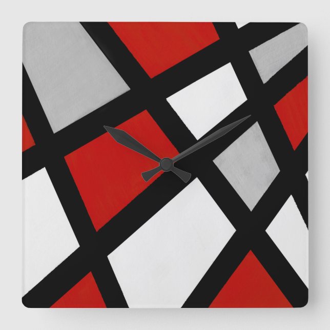 Horloge Carrée Rouge gris noir blanc géométrique (Recto)