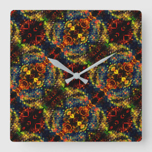Horloge Carrée Rouge Jaune vert sur papier râpé foncé, Fleurs?