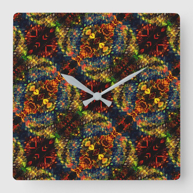 Horloge Carrée Rouge Jaune vert sur papier râpé foncé, Fleurs? (Recto)