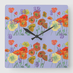 Horloge Carrée Rouge Orange Populaire Aquarelle Pastel Purple Hor
