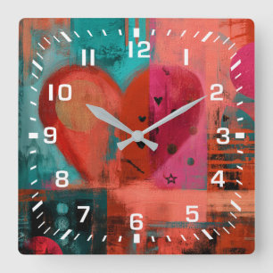 Horloge Carrée Rouge Rose Saint-Valentin Graffiti Cœur Brisé