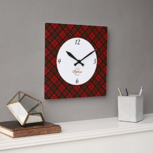 Horloge Carrée Rouge tartan Noël plaid hiver motif Monogramme