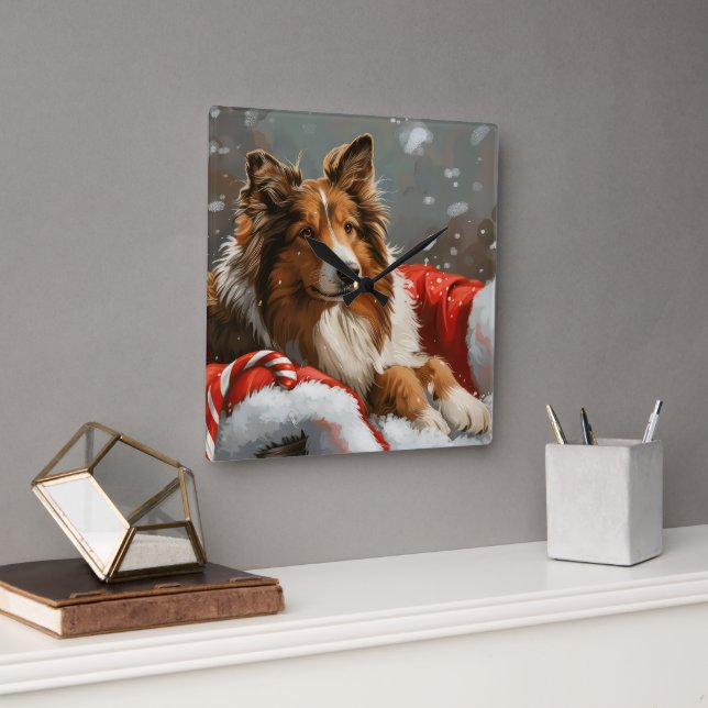 Horloge Carrée Rough Collie Chien Festif de Noël (Bureau)