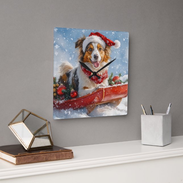 Horloge Carrée Rough Collie Dog in Sledge Let Snow Christmas (Bureau)