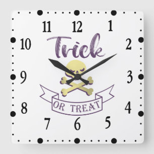 Horloge Carrée Ruban d'Halloween crâne os croisés des friandises
