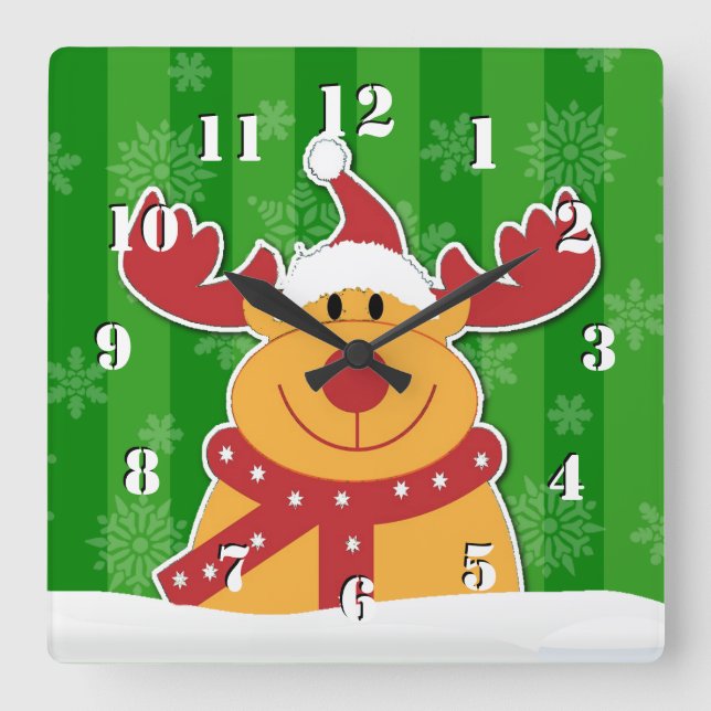 Horloge Carrée Rudolph mignon dans le Noël vert neige (Recto)
