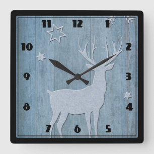 Horloge Carrée Russe Bleu Bois Reindeer Pays Noël