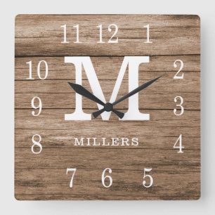 Horloge Carrée Russe Wood Farmhouse Nom de famille Monogramme per