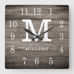 Horloge Carrée Russe Wood Farmhouse Nom de famille Monogramme per