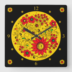 Horloge Carrée Russian Folk Art Flowers