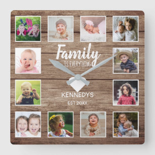 Horloge Carrée Rustic Barn Wood 12 Photo Collage Family