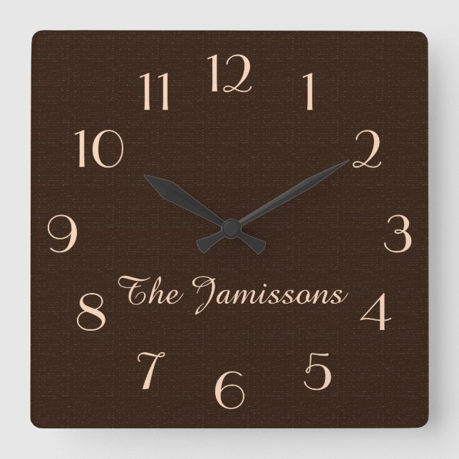 Horloge Carrée Rustic Dark Brown Faux Burlap Clock Personalized (Recto)